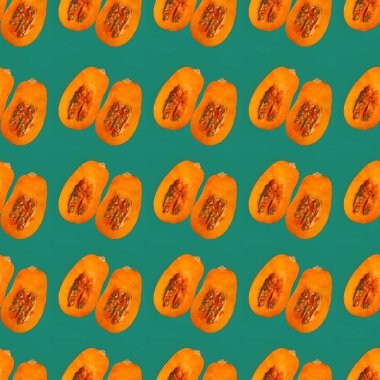 Turkuaz bir arka plan üzerinde kabak. Yaratıcı minimalizm, gıda fotoğrafçılığı.