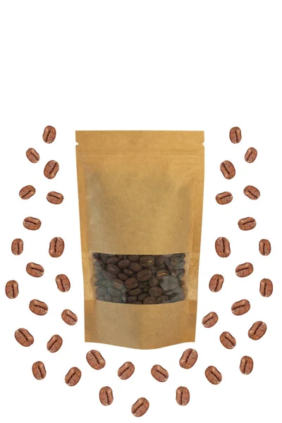 Pochette en papier kraft brun sacs vue de face isolé sur un fond blanc. Modèle de modèle d'emballage pour les aliments et les marchandises . — Photo