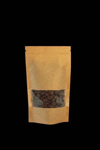Pochette en papier kraft brun sacs vue de face isolé sur un fond noir. Modèle de modèle d'emballage pour les aliments et les marchandises . — Photo