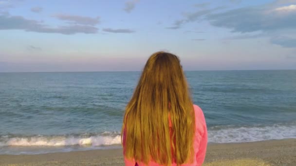 Mädchen Mit Langen Haaren Meer Sandstrand Rückansicht Mit Erstaunlichen Bunten — Stockvideo