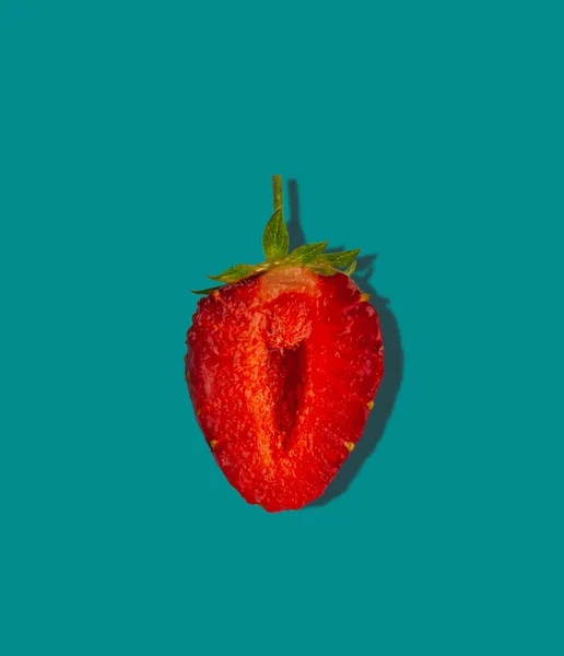 Fresh Strawberry Half Shadow Turquoise Background Top View Healthy Food — Stock Photo, Image