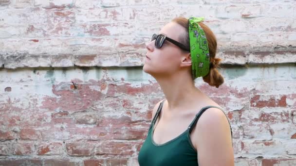Woman Pollen Allergy Symptom Smelling Air Nose Standing Brick Wall — Stock Video