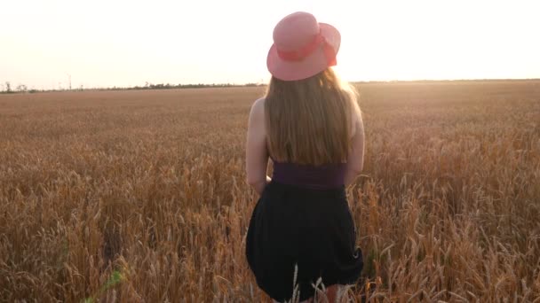 Adorable Jeune Fille Dans Champ Blé Été Chapeau Paille Rouge — Video