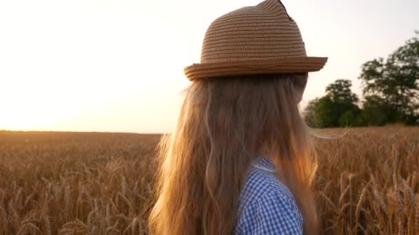 跟着我 一个戴着草帽 穿着格子呢衣服的漂亮小女孩 走在夏天的麦田里 领着她的父亲 金发碧眼的男孩转身 邀请他们参加乡村散步 当地旅行4K — 图库视频影像