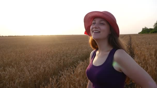 夏の麦畑で笑顔藁帽子の愛らしい幸せな若い女の子4K 田舎の夕日の風景の中に長いブロンドの髪を持つ女性笑っている 家族農業の概念 地元の旅行観光客 — ストック動画
