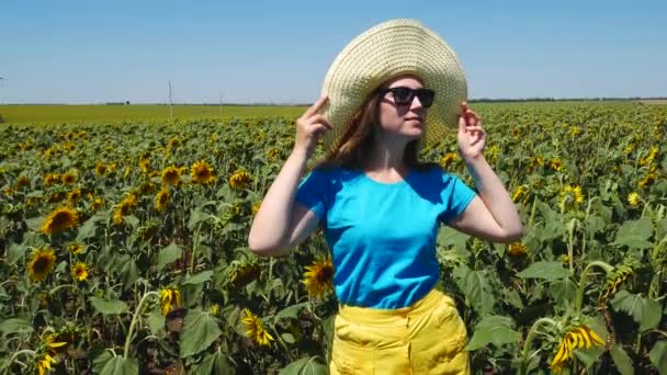 Adorable Jeune Fille Dans Chapeau Paille Jupe Jaune Shirt Bleu — Video