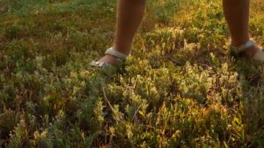 Çocukların bacakları kırmızı yeşil sonbahar çimlerinde zıplıyor. Orman yolunda yürüyen sandaletli bir çocuğun baldırları. Patikada koşan çocuk ayakkabıları. Yaklaş. Neşeli insanlar, temiz havada aktif yaşam tarzı.