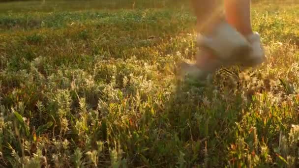 Çocukların Bacakları Kırmızı Yeşil Sonbahar Çimlerinde Zıplıyor Orman Yolunda Yürüyen — Stok video