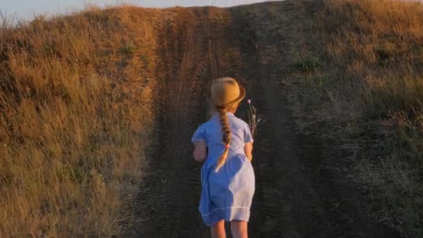 穿着蓝色夏装的可爱小女孩爬上了小山 孩子们在野外的草地上奔跑 家人在新鲜空气中散步 本地远足旅行概念4K — 图库视频影像