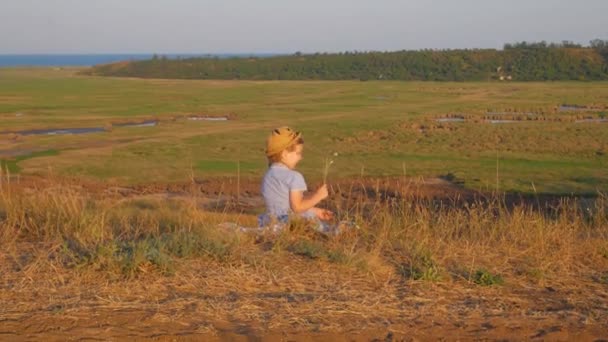 Adorable Niña Con Sombrero Paja Vestido Verano Cuadros Azules Campo — Vídeos de Stock