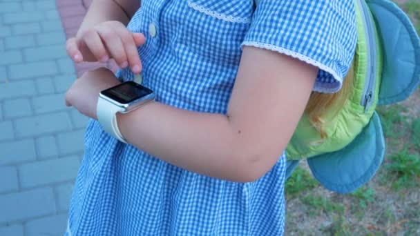 Niño Usando Smartwatch Aire Libre Parque Niño Hablando Vdeo Llamada — Vídeos de Stock