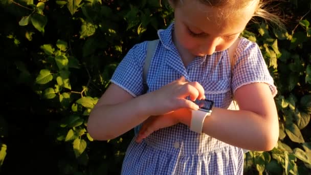 Kid Usando Smartwatch Livre Parque Criança Falando Vdeo Chamada Smartphone — Vídeo de Stock