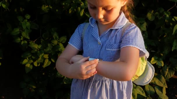 Niño Usando Smartwatch Aire Libre Parque Niño Hablando Vdeo Llamada — Vídeos de Stock