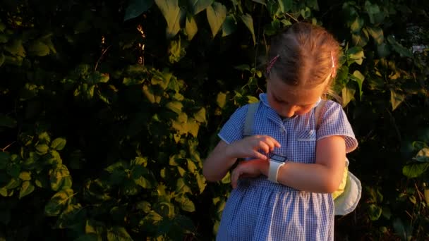 公園のスマートウォッチ屋外を使用して子供 子供はスマートフォンのビデオ通話で話しています 時計の閲覧インターネット上のタッチスクリーンディスプレイを使用して女子高生 Gpsトラッカー付きスマート腕時計 — ストック動画