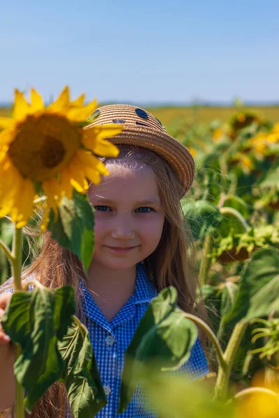 Schattig Klein Meisje Een Strohoed Blauwe Geruite Zomerjurk Zonnebloemenveld Kind — Stockfoto