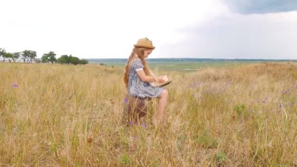 小女孩 头戴草帽 头戴长发 穿着长裙 坐在老式手提箱上拍照 可爱的孩子 带着柔软的玩具 看着大自然的蓝景背景 复古风格的冒险旅行概念 — 图库视频影像