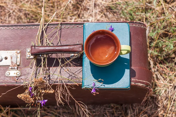 Brown vintage suitcase with old book, dried wild purple flowers and cup of tea on grass background. Atmospheric retro autumnal still life. Morning breakfast outdoor wallpaper, post card top view.