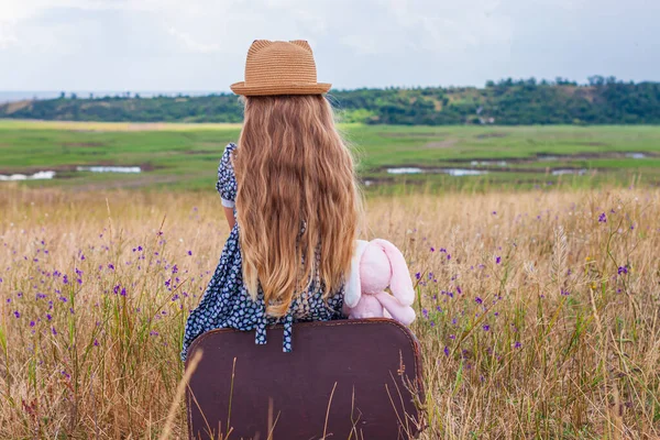 小女孩 头戴草帽 头戴长发 穿着长裙 坐在老式手提箱上拍照 可爱的孩子 带着柔软的玩具 看着大自然的蓝景背景 复古风格的冒险旅行概念 — 图库照片