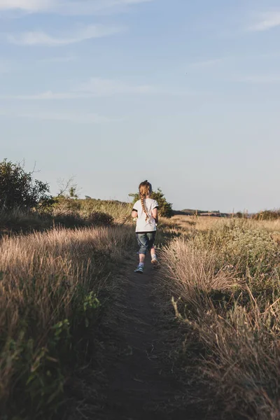可爱的小女孩带着长长的辫子从山下跑到后视镜 快乐的孩子在野外的草地上奔跑 家人在新鲜空气中散步 本地远足旅行概念 — 图库照片