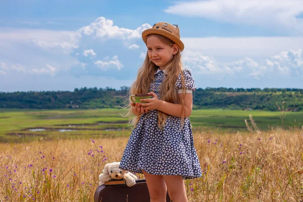 Niña Sombrero Paja Vestido Sentado Maleta Vendimia Beber Lindo Niño —  Fotos de Stock