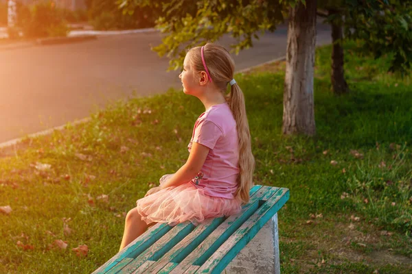 Cheerful Little Girl Long Blonde Hair Pink Tulle Skirt Sitting — Stock Photo, Image