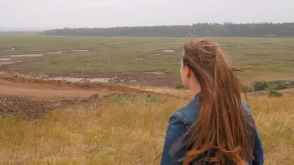 Entzückendes Mädchen Jeansjacke Rückenansicht Auf Einem Hügel Mit Gelbem Gras — Stockvideo