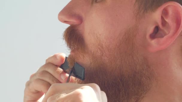 Adult Man Cutting His Own Beard Mustache Scissors Comb Caucasian — Stock Video