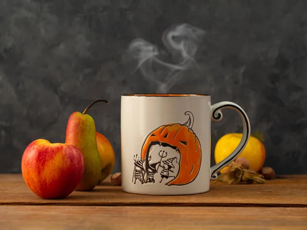 Creative Halloween Day Composition Coffee Cup Fruits Nuts Dark Background — Stock Photo, Image