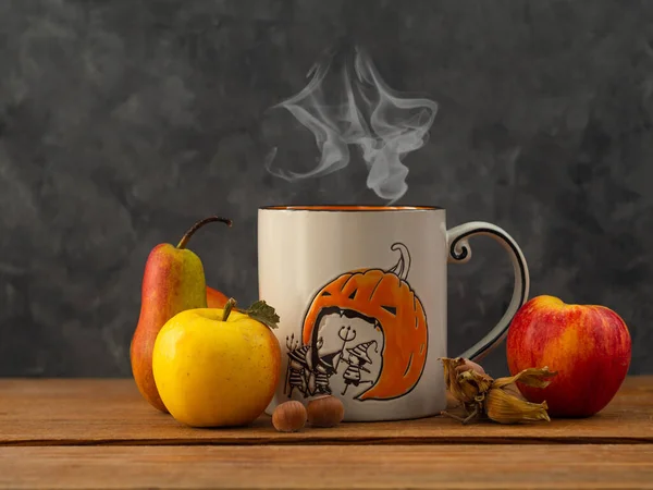 Creative Halloween Day Composition Coffee Cup Fruits Nuts Dark Background — Stock Photo, Image