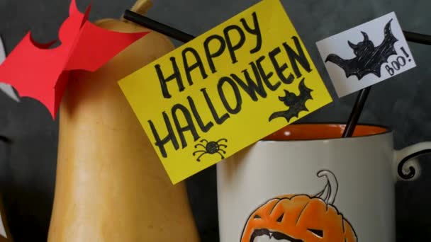 Composition Créative Happy Halloween Avec Tasse Café Citrouille Feuilles Automne — Video