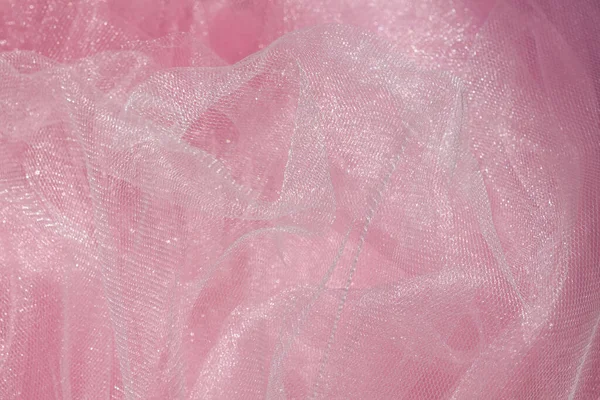 Pink Tulle Fabric Texture Top View Coral Background Fashion Color — Stock Photo, Image