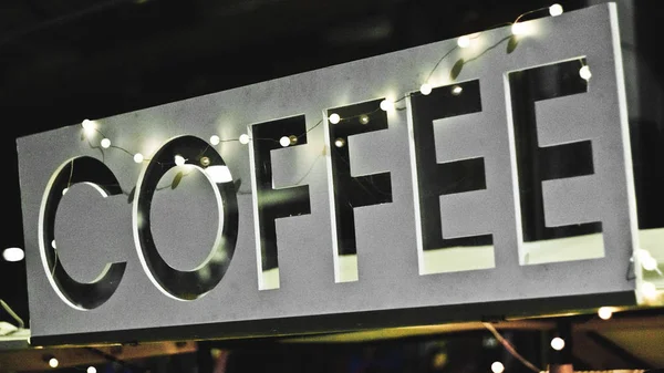 Cafe Sign Illuminated Garlands Bright Lights Loft Style — Stock Photo, Image