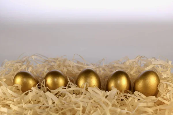 칩에 있는 5 개의 황금 계란은 프레임의 바닥을 따라 둥지. 위의 전면 보기. 대비 되는 그림자. — 스톡 사진
