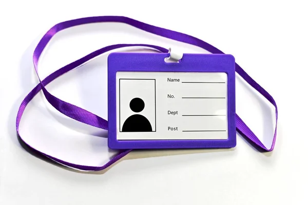 Purple new blank unfilled badge with satin ribbon under it. On a light background in the center. — Stock Photo, Image