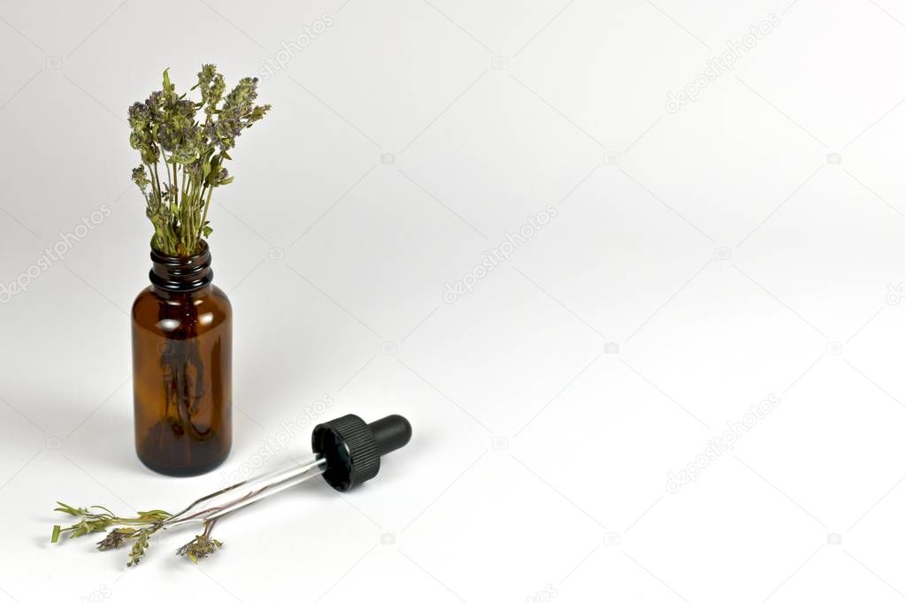 Glass bottle with a bouquet of dried thyme herbs.