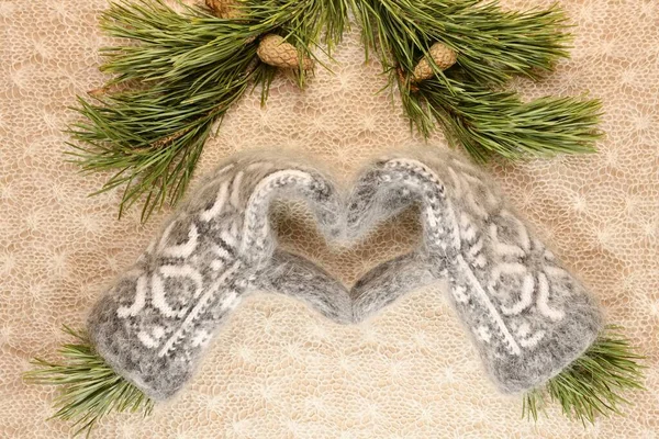 Layout Woollen Mittens Pattern Shape Heart Pine Branches Unsnnable Bumps — Stock Photo, Image