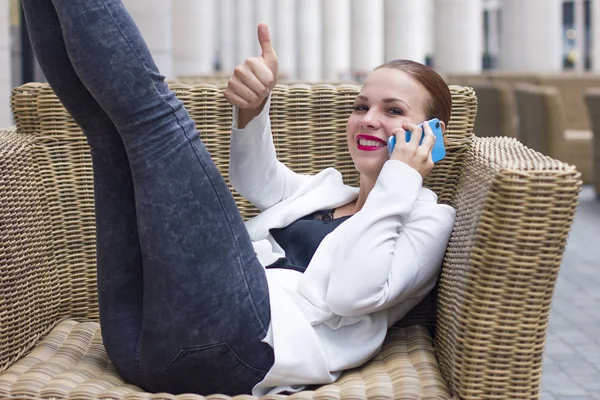 Happy Cheerful Young Woman Talking Cell Phone Smiling Looking Camera — Stock Photo, Image