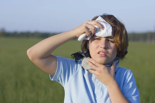 Sick Ill Young Woman Scarf Sweating Suffering Heat Stroke Girl — Stock Photo, Image