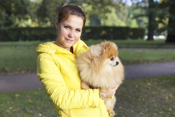 Chica Feliz Con Lindo Perro Peludo Pomeranian Spitz Sus Manos — Foto de Stock