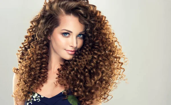Schönes Model Mädchen Mit Langen Lockigen Haaren Pflegeprodukte Haarfärbung — Stockfoto