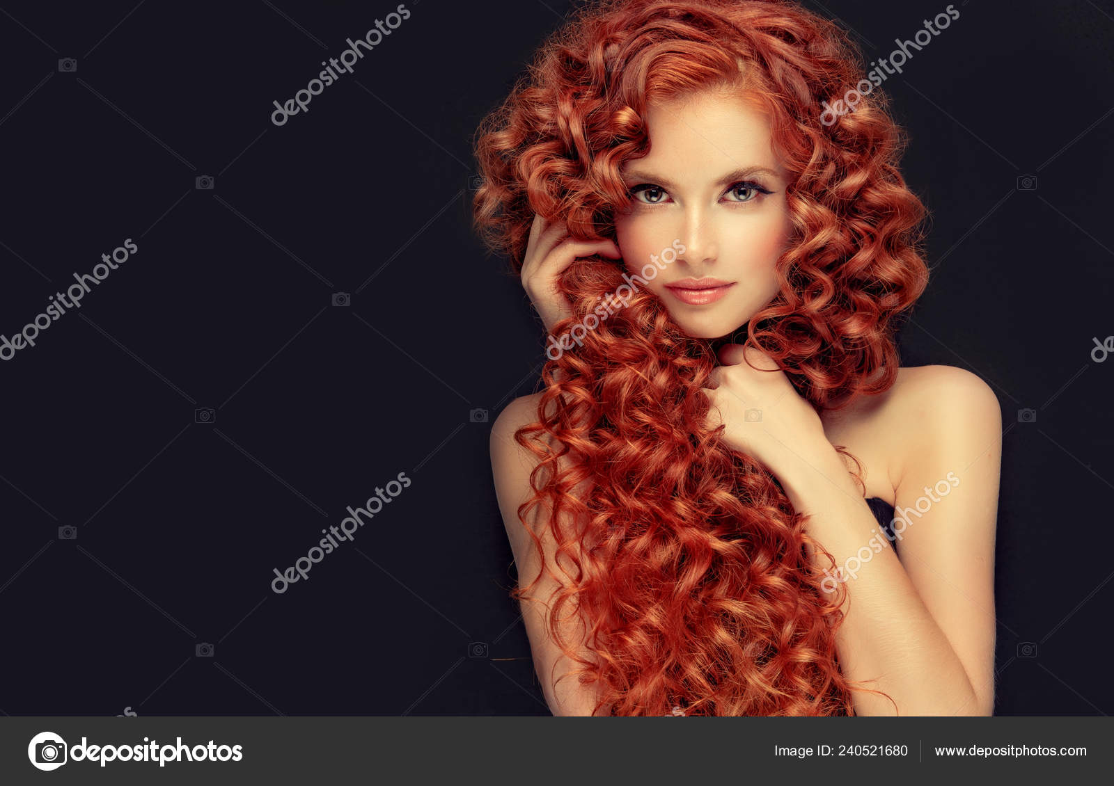 Beautiful Model Girl Red Curly Hair Young Woman Short Wavy Stock