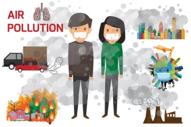 Çevre kirliliği bilgi grafikleri çevresel etki hakkında bilgi ile ayarlayın. Hava Kirliliği ve çizgi film karakteri vektör illüstrasyon.