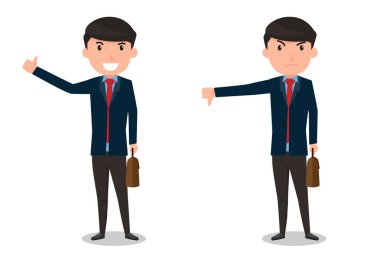 İyi ve kötü. Hoşlandığı ve hoşlanmadığı şeyleri. Onay ve onaylanmama jesti gösterilen iş adamı. iş adam çizgi film karakteri vektör çizim.