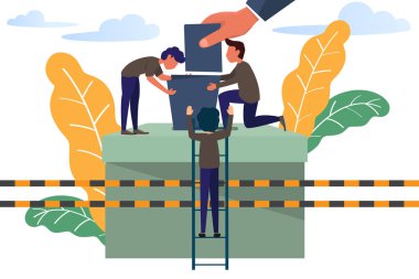 Büyük oy sandığının yanında duran küçük insanlar. p için iş posteri