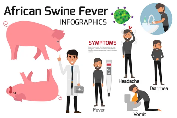 Wirus afrykańskiego pomoru świń (ASF)-elementy infografiki. zdrowia — Wektor stockowy