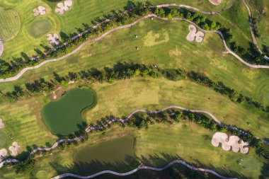 Göl ile orman ve golf sahası havadan görünümü fotoğraf. Gol
