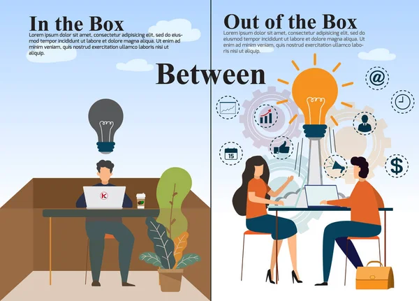 Entre pensar en la caja y pensar fuera de la caja concepto busine — Archivo Imágenes Vectoriales