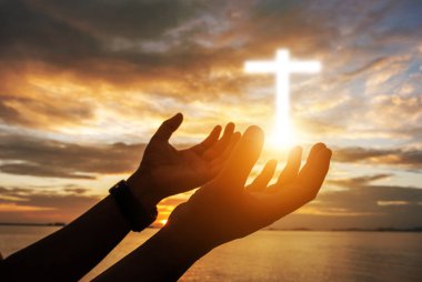 İnsan elinin hurma ibadet kadar açın. Eucharist terapi korusun Tanrı o