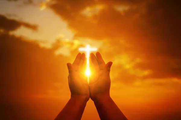 Menschenhände öffnen die Palme zum Gottesdienst. Eucharistietherapie segne Gott er — Stockfoto