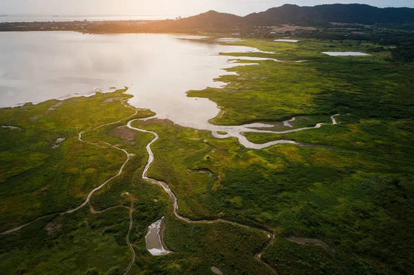 Aerial view landscape nature Water flow to river and grass backg